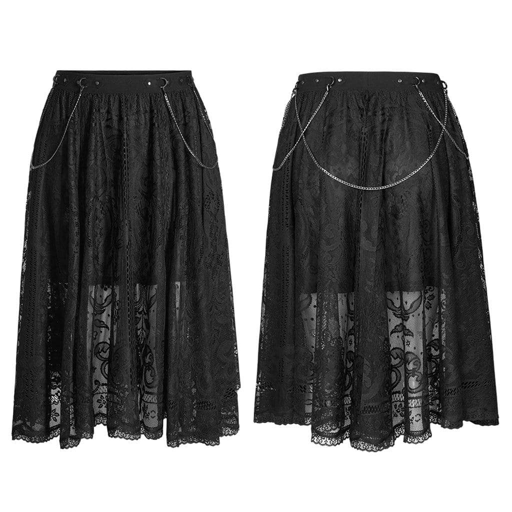 Women's Plus Size Gothic Black Delicate Lace Calf Length Skirt