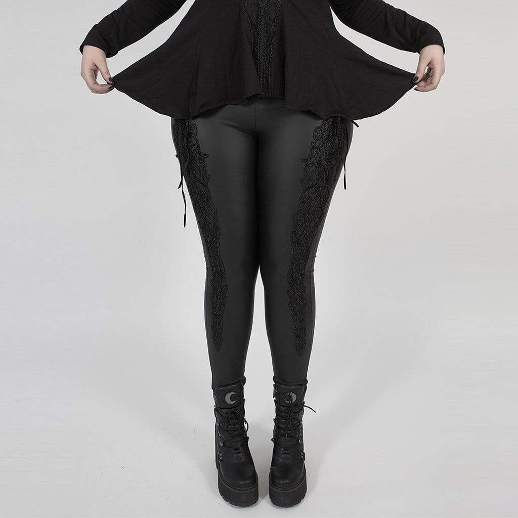 Women's Plus Size Gothic Black Faux Leather Leggings with Embroidered Details