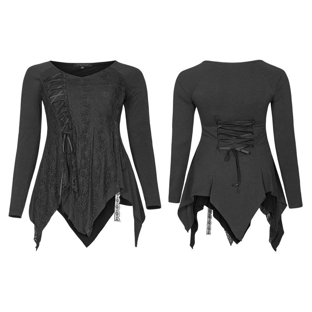 Women's Gothic Black Lace Asymmetrical Hemline Full Sleeve Top