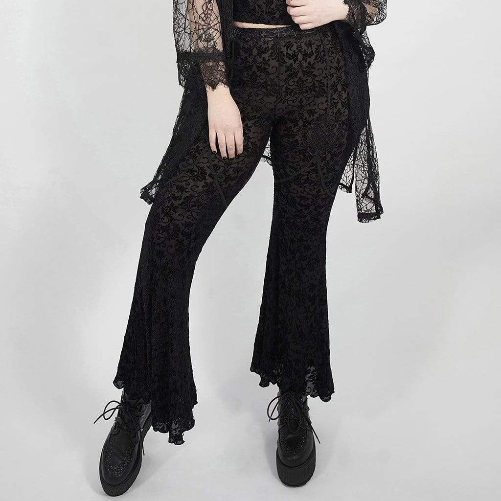 Women's Plus Size Gothic Black Lace Overlay Flared Pants