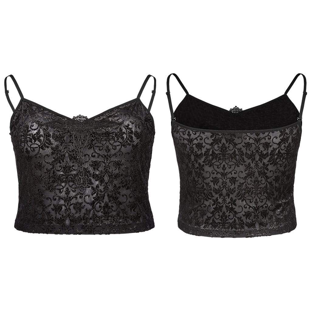 Women's Gothic Black Velvet Jacquard Spaghetti Strap Camisole