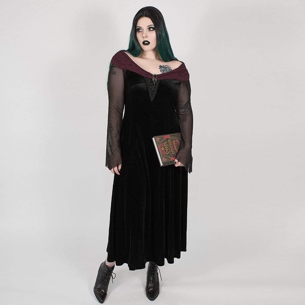 Women's Plus Size Gothic Black Velvet Midi Dress with Net Sleeves and Scarlet Collar