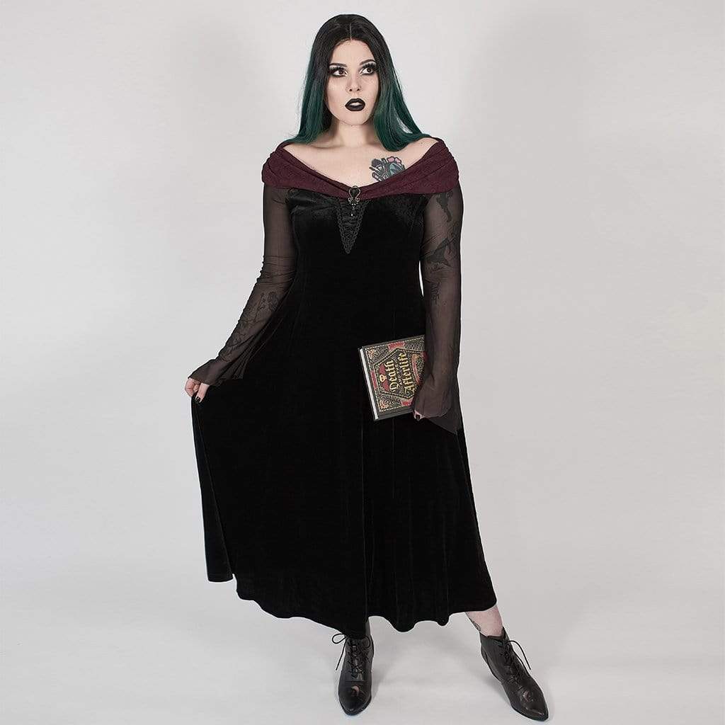 Women's Plus Size Gothic Black Velvet Midi Dress with Net Sleeves and Scarlet Collar