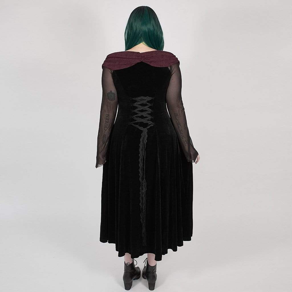 Women's Plus Size Gothic Black Velvet Midi Dress with Net Sleeves and Scarlet Collar