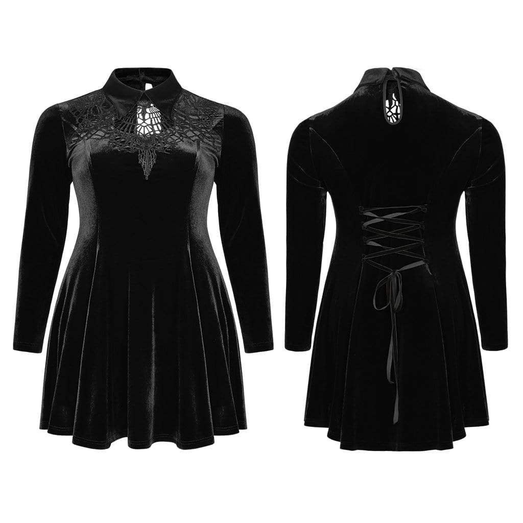 Women's Plus Size Gothic Black Velvet Short Collared Dress