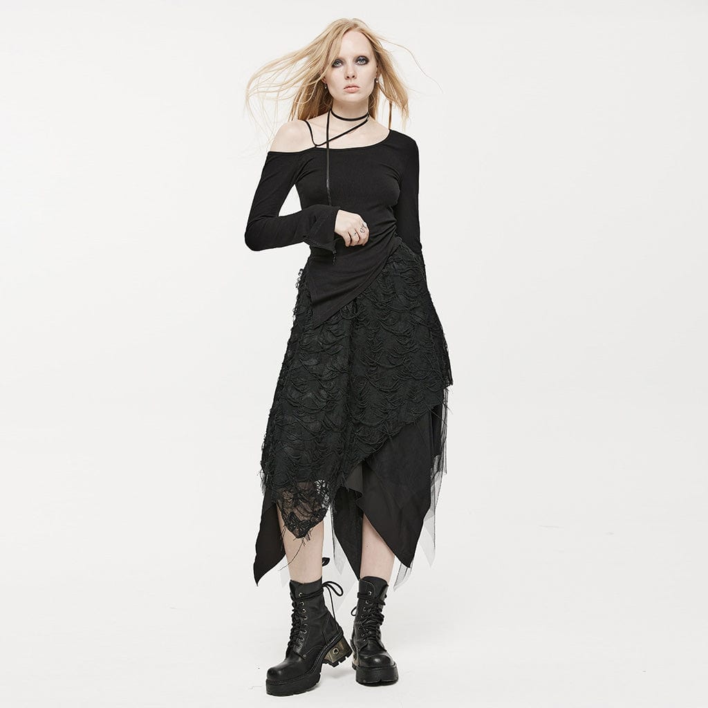 PUNK RAVE Women's Gothic Butterfly Ripped Irregular Hem Skirt