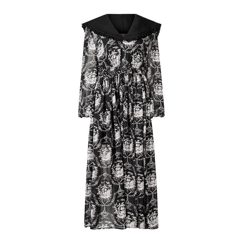 Punk Rave Women's Gothic Cat Printed Maxi Chiffon Dress