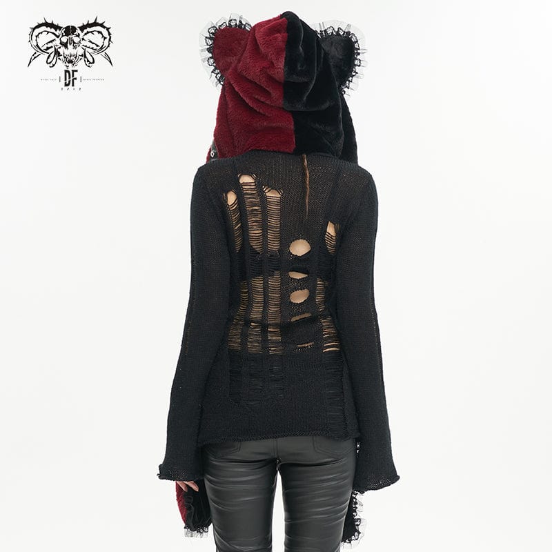 PUNK RAVE Women's Gothic Contrast Color Cat Ear Scarf with Hood