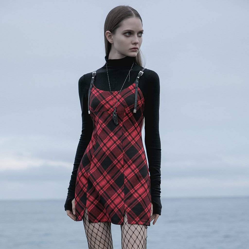 Women's Gothic Contrast Color Plaid Slip Dresses