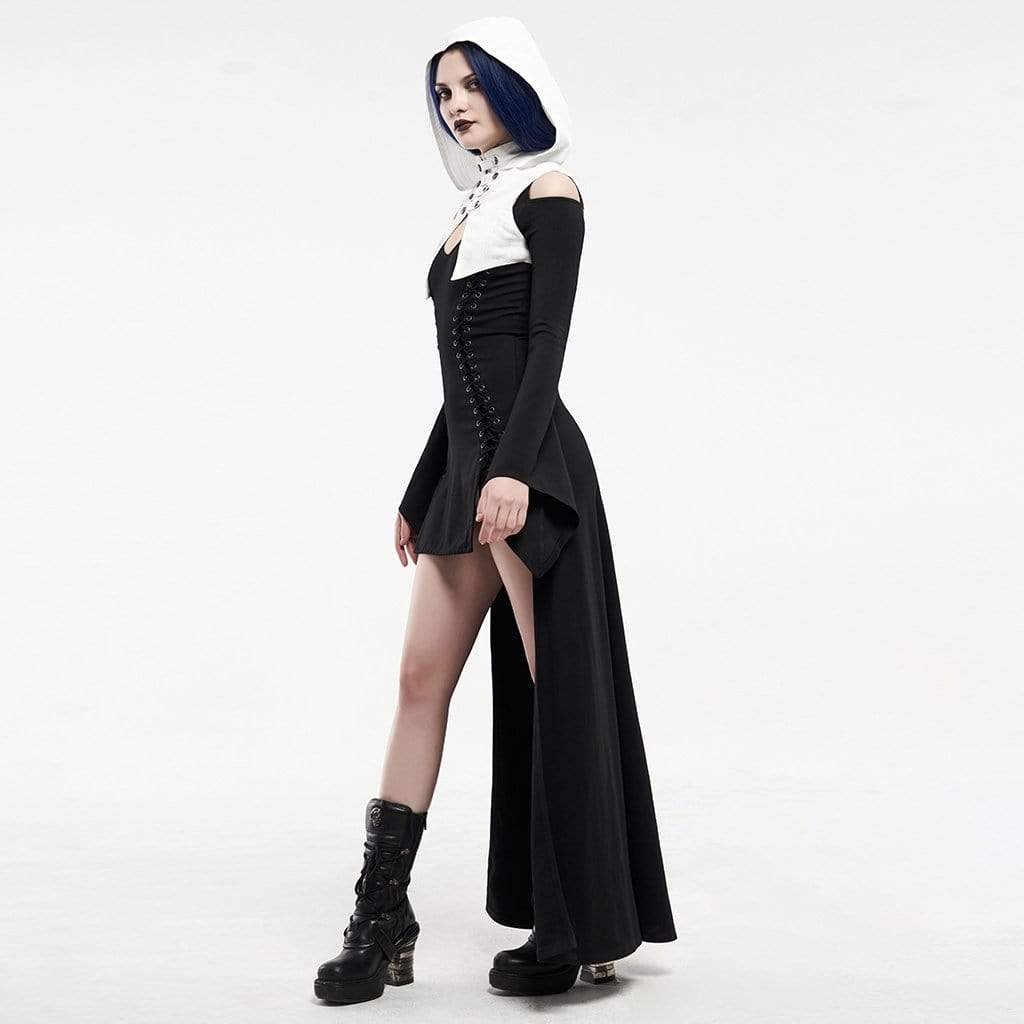 Women's Gothic Contrast Color Strappy Irregular Dresses With Hood