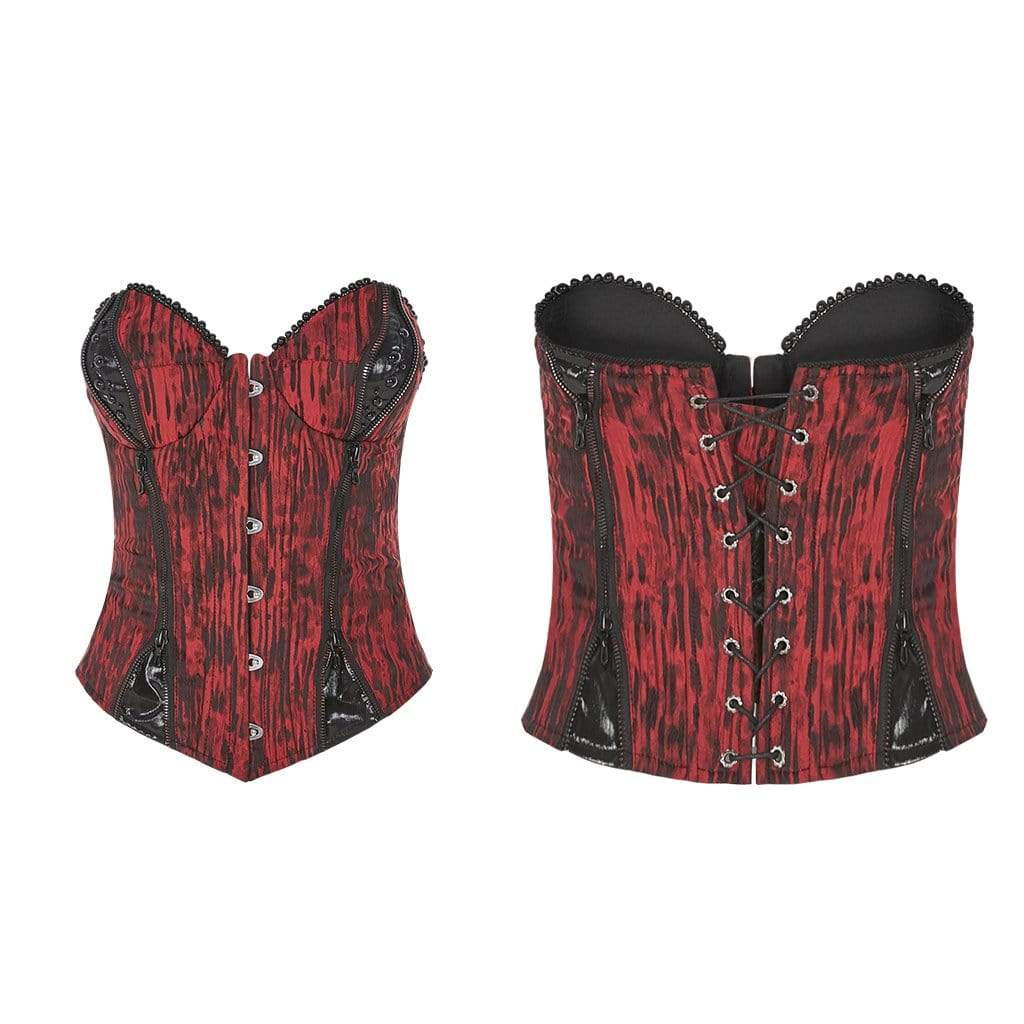 Women's Gothic Faux Leather Barky Jacquard Overbust Corsets Red