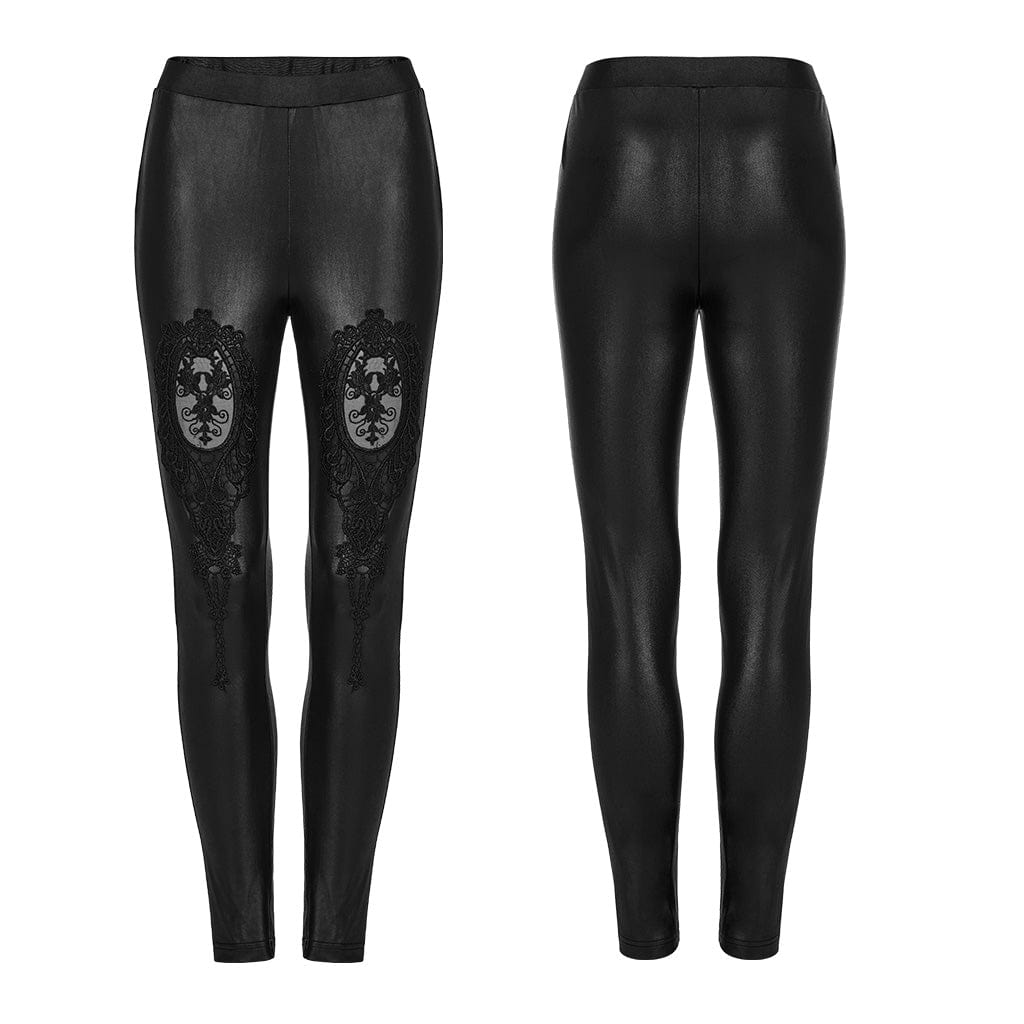 PUNK RAVE Women's Gothic Floral Applique Faux Leather Leggings