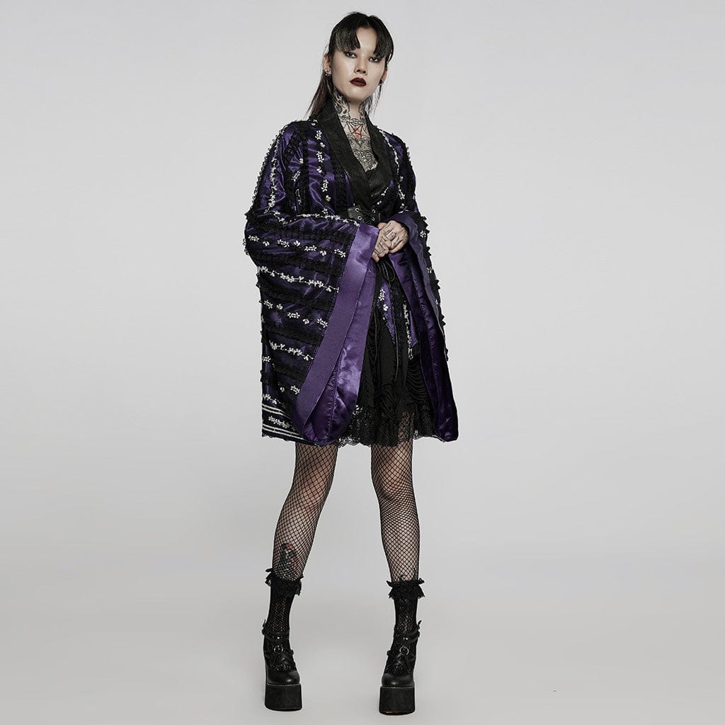 PUNK RAVE Women's Gothic Floral Lace Kimono Coat Purple With Belt