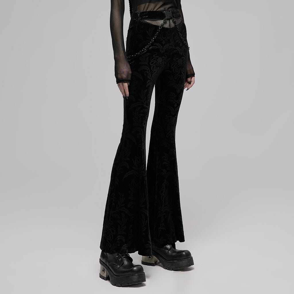 Punk Rave Women's Gothic Floral Velet Bell-bottoms with Metal Chain