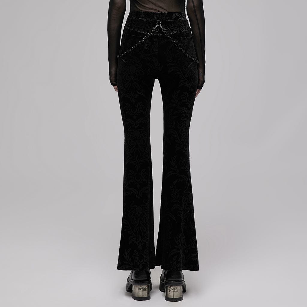 Punk Rave Women's Gothic Floral Velet Bell-bottoms with Metal Chain