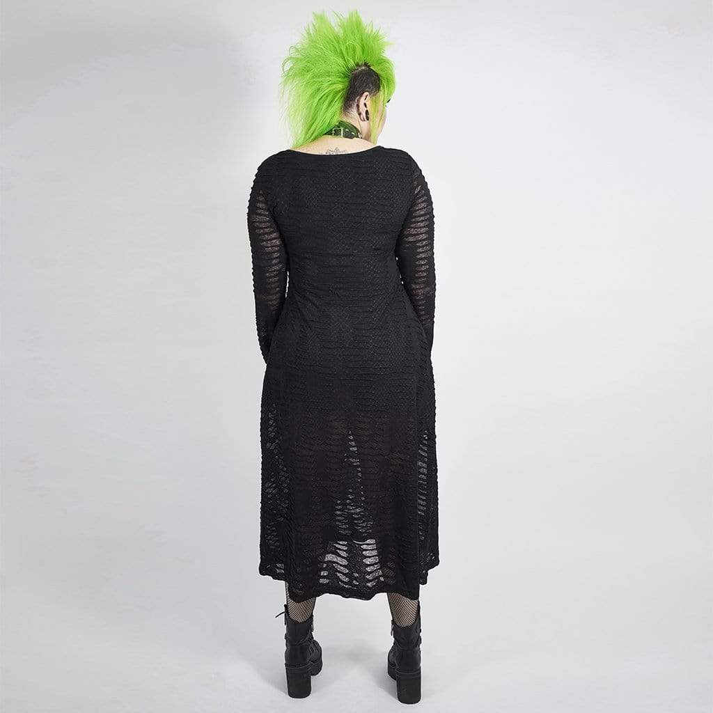 Women's Plus Size Gothic Full Sleeved Net Midi Dress with Slits