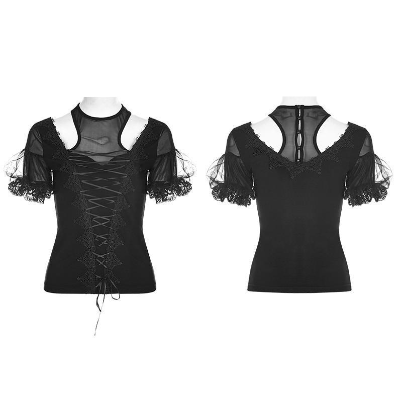 Women's Gothic Gorgeous Lace Ribbon Drawstring Net Short Sleeve T-shirt