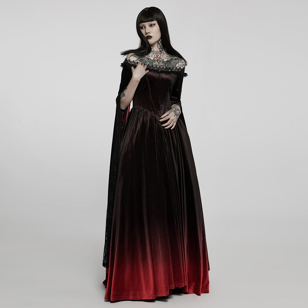 PUNK RAVE Women's Gothic Gradient Off Shoulder Flare Sleeved Maxi Dress Wedding Dress