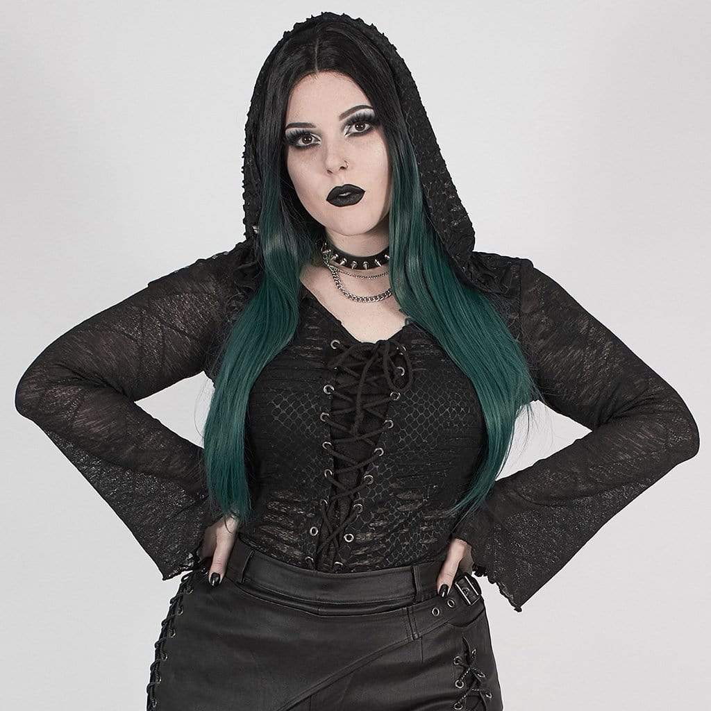 Women's Gothic Grungy Black Lace Hooded Top with Flared Sleeves