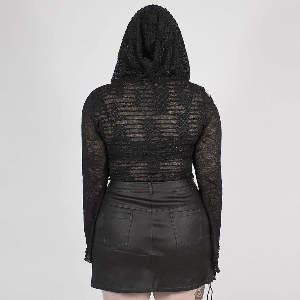 Women's Gothic Grungy Black Lace Hooded Top with Flared Sleeves