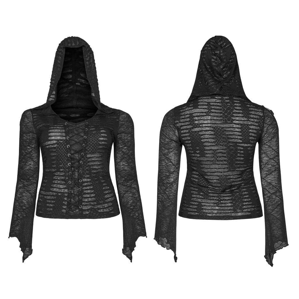 Women's Gothic Grungy Black Lace Hooded Top with Flared Sleeves