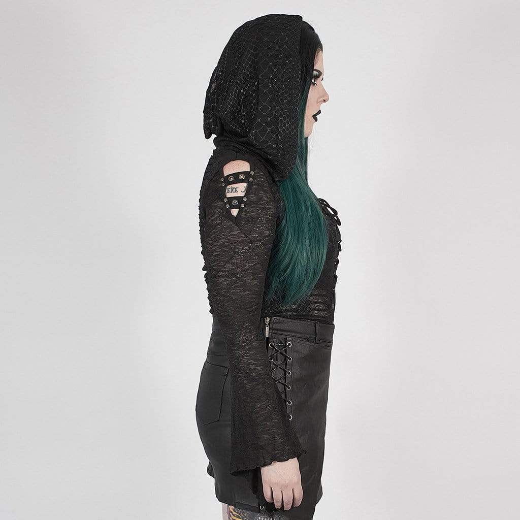 Women's Gothic Grungy Black Lace Hooded Top with Flared Sleeves