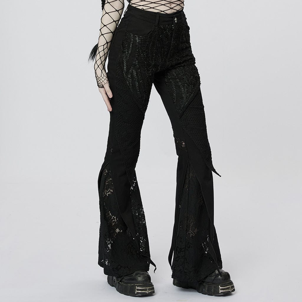 PUNK RAVE Women's Gothic Lace Splice Flared Pants