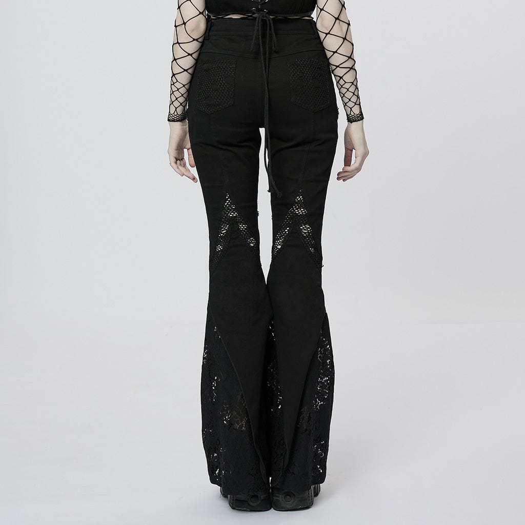 PUNK RAVE Women's Gothic Lace Splice Flared Pants