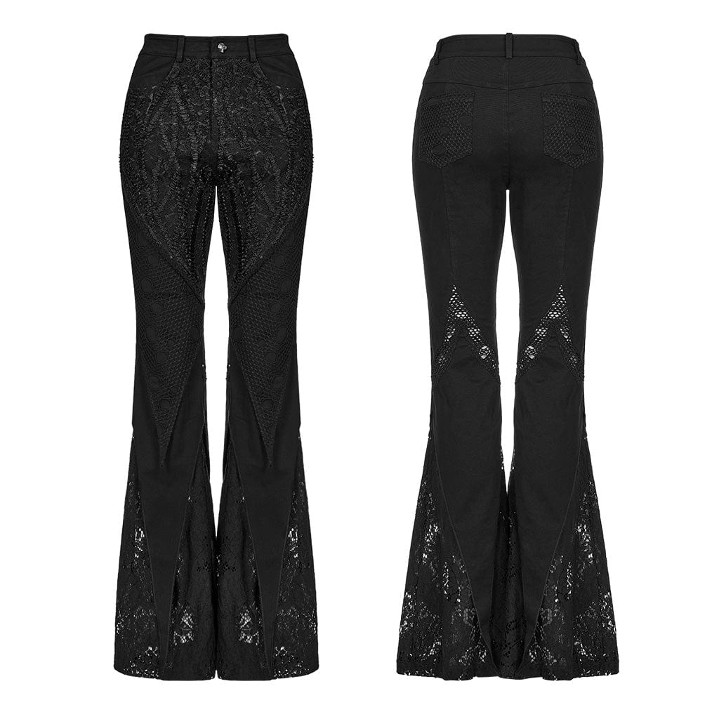 PUNK RAVE Women's Gothic Lace Splice Flared Pants