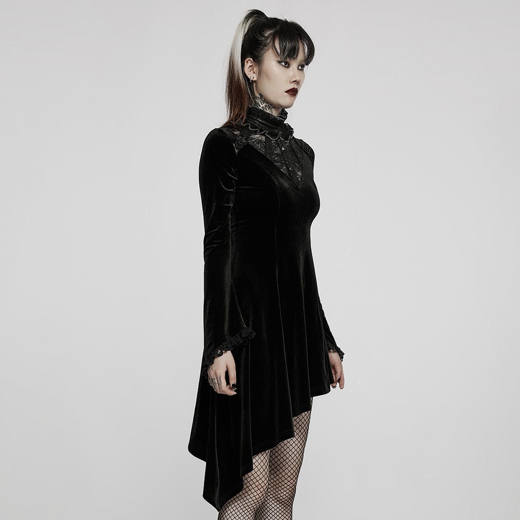 PUNK RAVE Women's Gothic Lace Stand Collar Irregular Hem Velet Dress