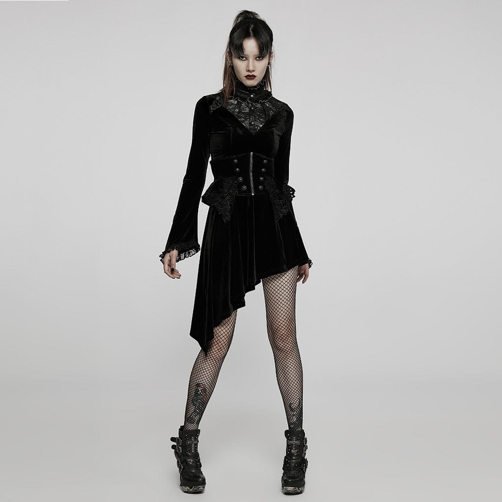 PUNK RAVE Women's Gothic Lace Stand Collar Irregular Hem Velet Dress