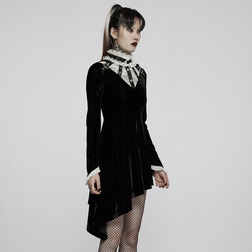 PUNK RAVE Women's Gothic Lace Stand Collar Irregular Hem Velet Dress