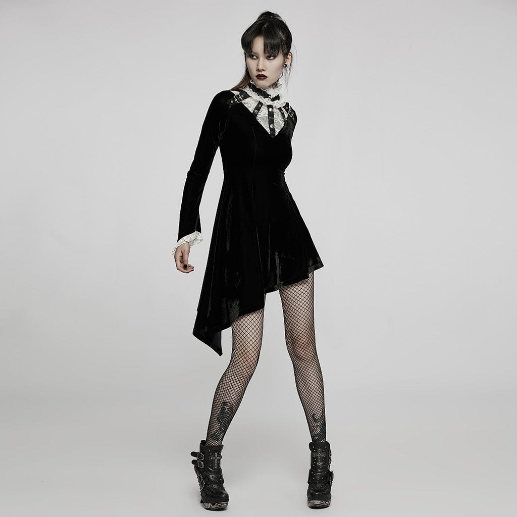 PUNK RAVE Women's Gothic Lace Stand Collar Irregular Hem Velet Dress