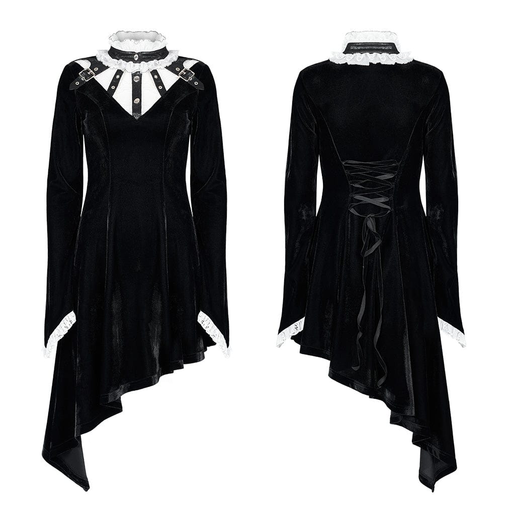 PUNK RAVE Women's Gothic Lace Stand Collar Irregular Hem Velet Dress