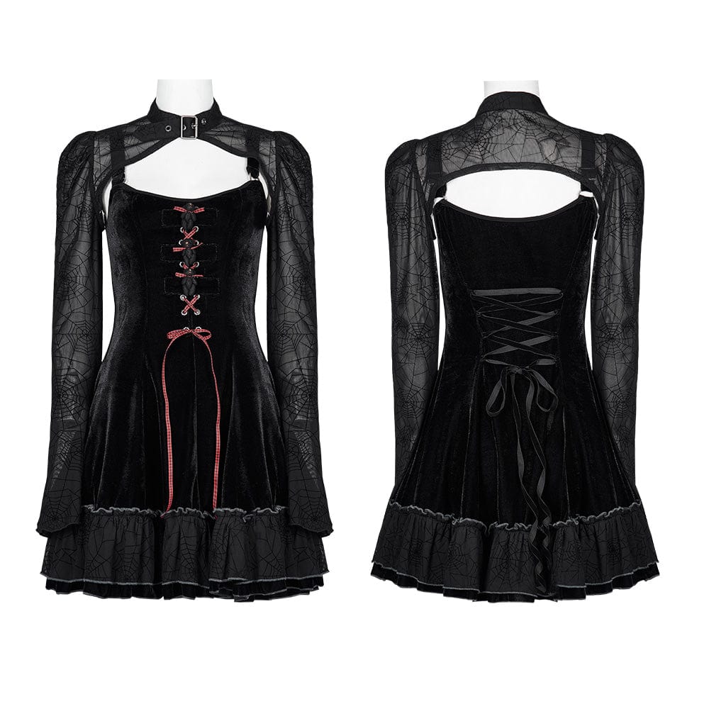 PUNK RAVE Women's Gothic Lacing-up Velet Slip Dress with Lace Cape