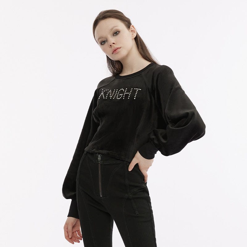 PUNK RAVE Women's Gothic Letter Embroidered Velvet Shirt