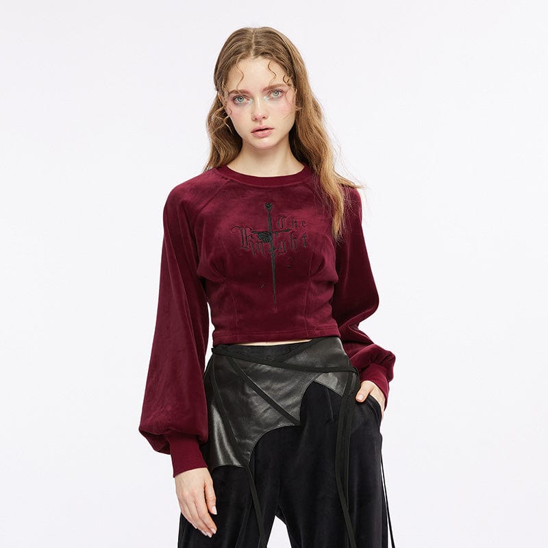 PUNK RAVE Women's Gothic Letter Embroidered Velvet Shirt