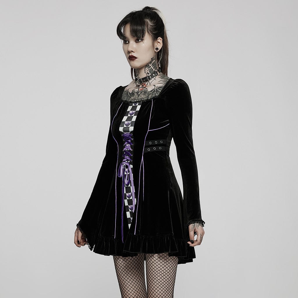 PUNK RAVE Women's Gothic Lolita Contrast Color Flare Sleeved Velet Dress