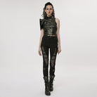 PUNK RAVE Women's Gothic Mesh Splice Buckle Leggings