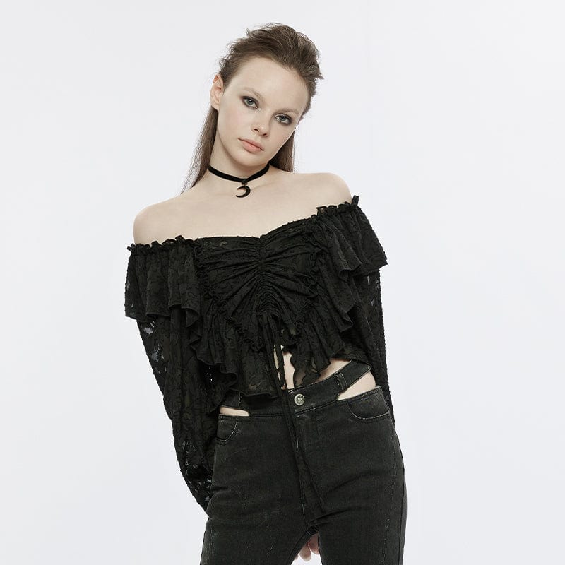 PUNK RAVE Women's Gothic Off Shoulder Floral Chffion Top