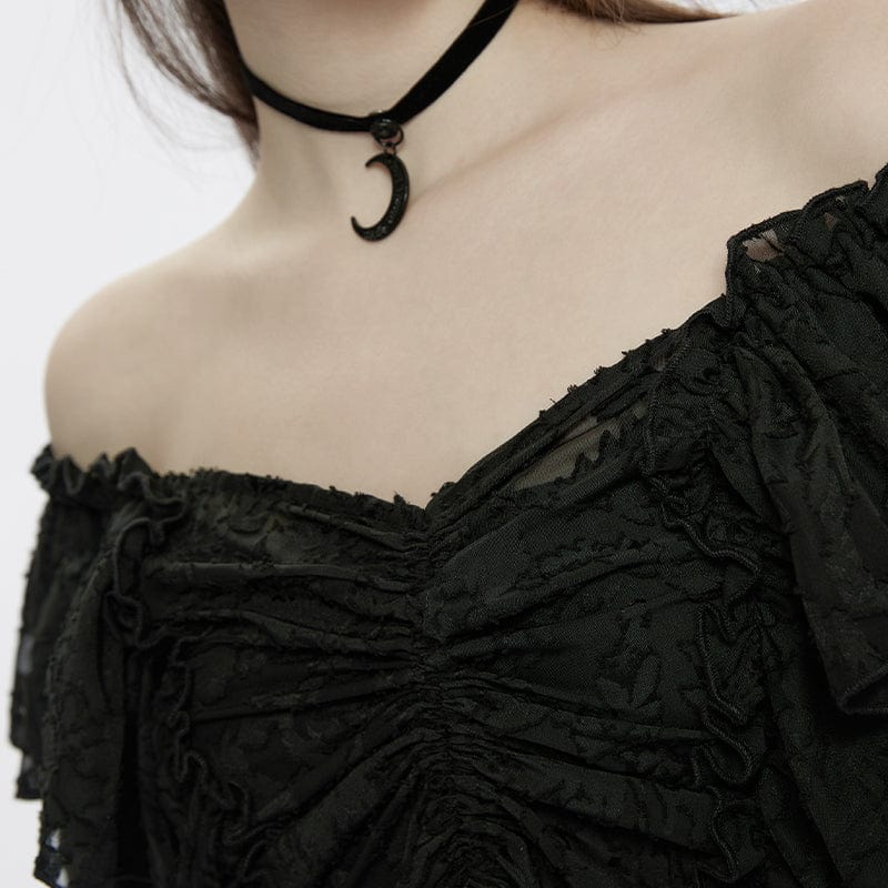 PUNK RAVE Women's Gothic Off Shoulder Floral Chffion Top