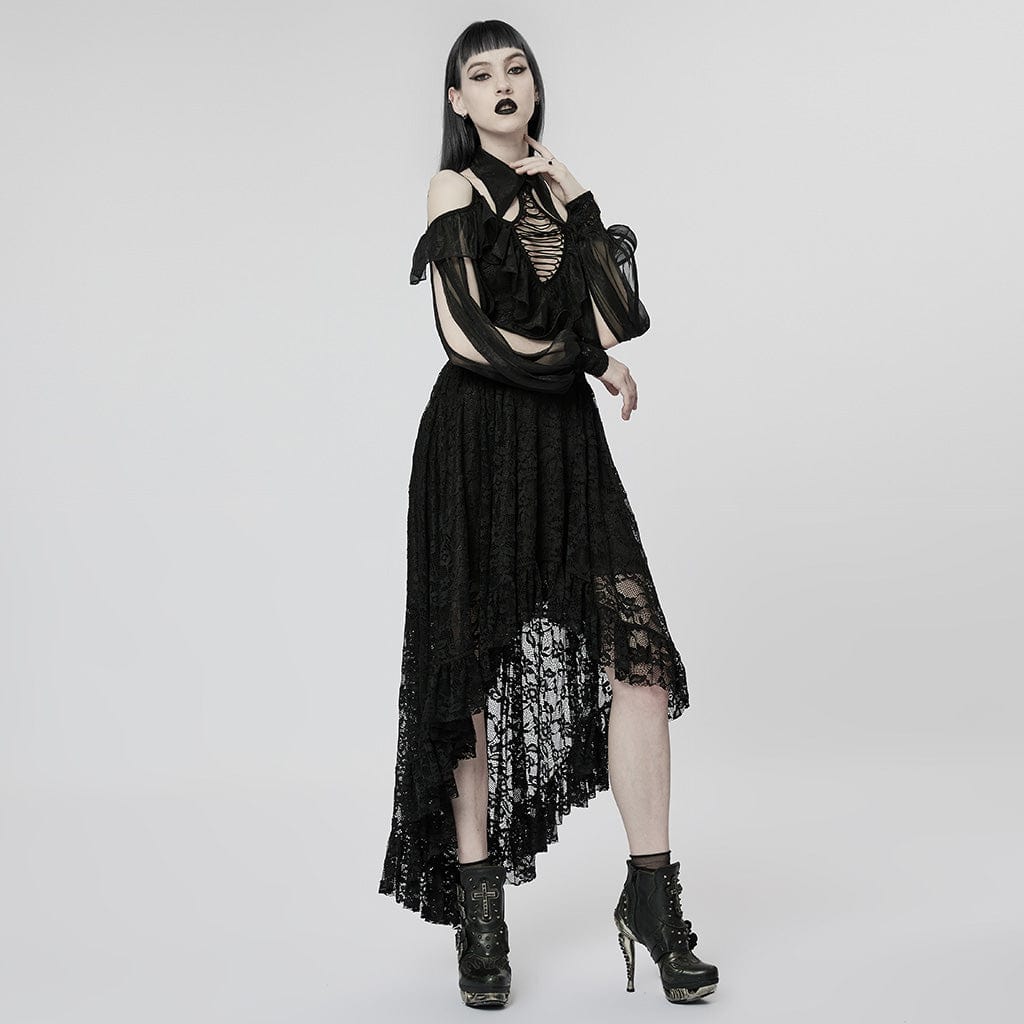 PUNK RAVE Women's Gothic Off Shoulder Irregular Lace Dress