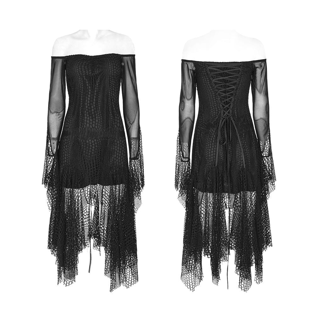 PUNK RAVE Women's Gothic Off Shoulder Irregular Mesh Dress