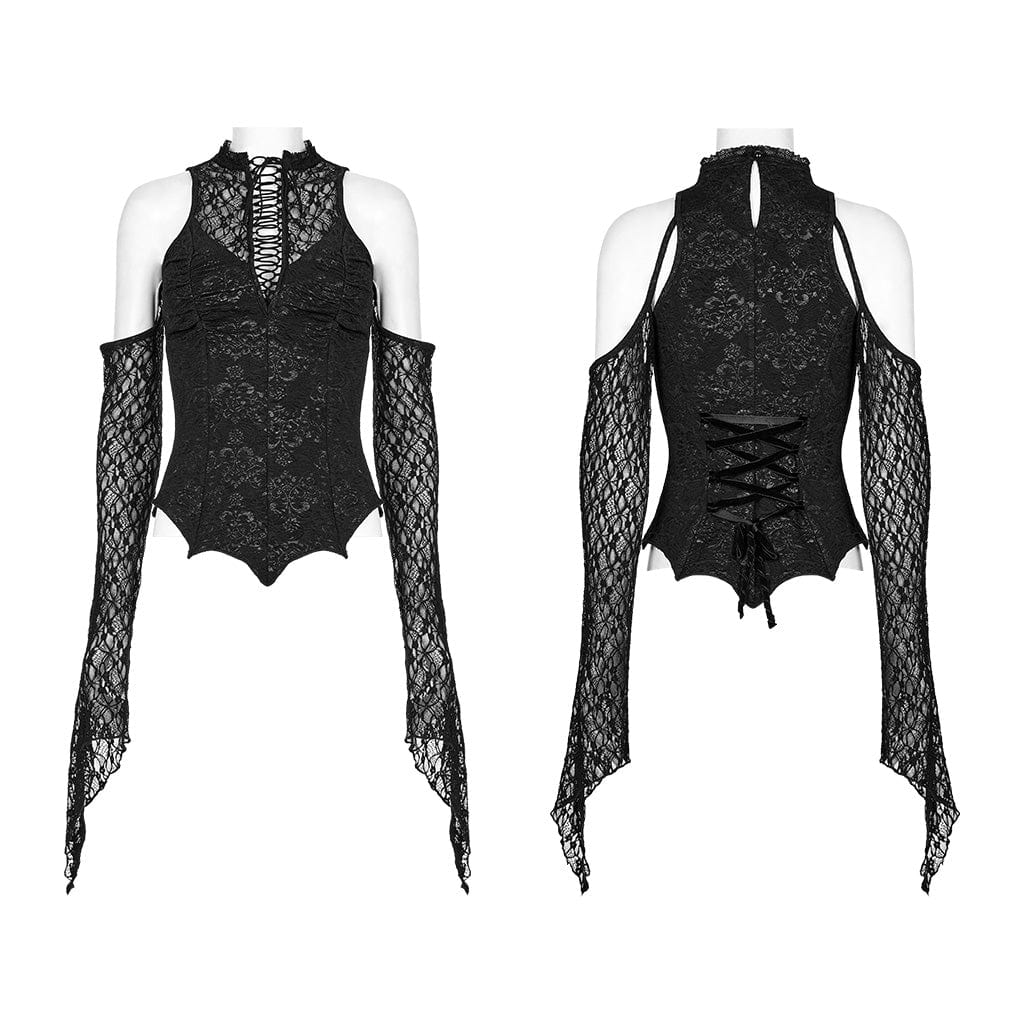 PUNK RAVE Women's Gothic Off Shoulder Lace Splice Crop Top