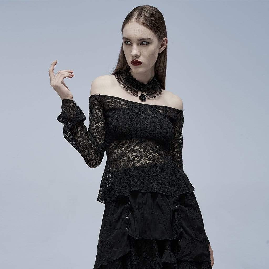 Punk Rave Women's Gothic Off Shoulder Ruffle Mesh Shirt