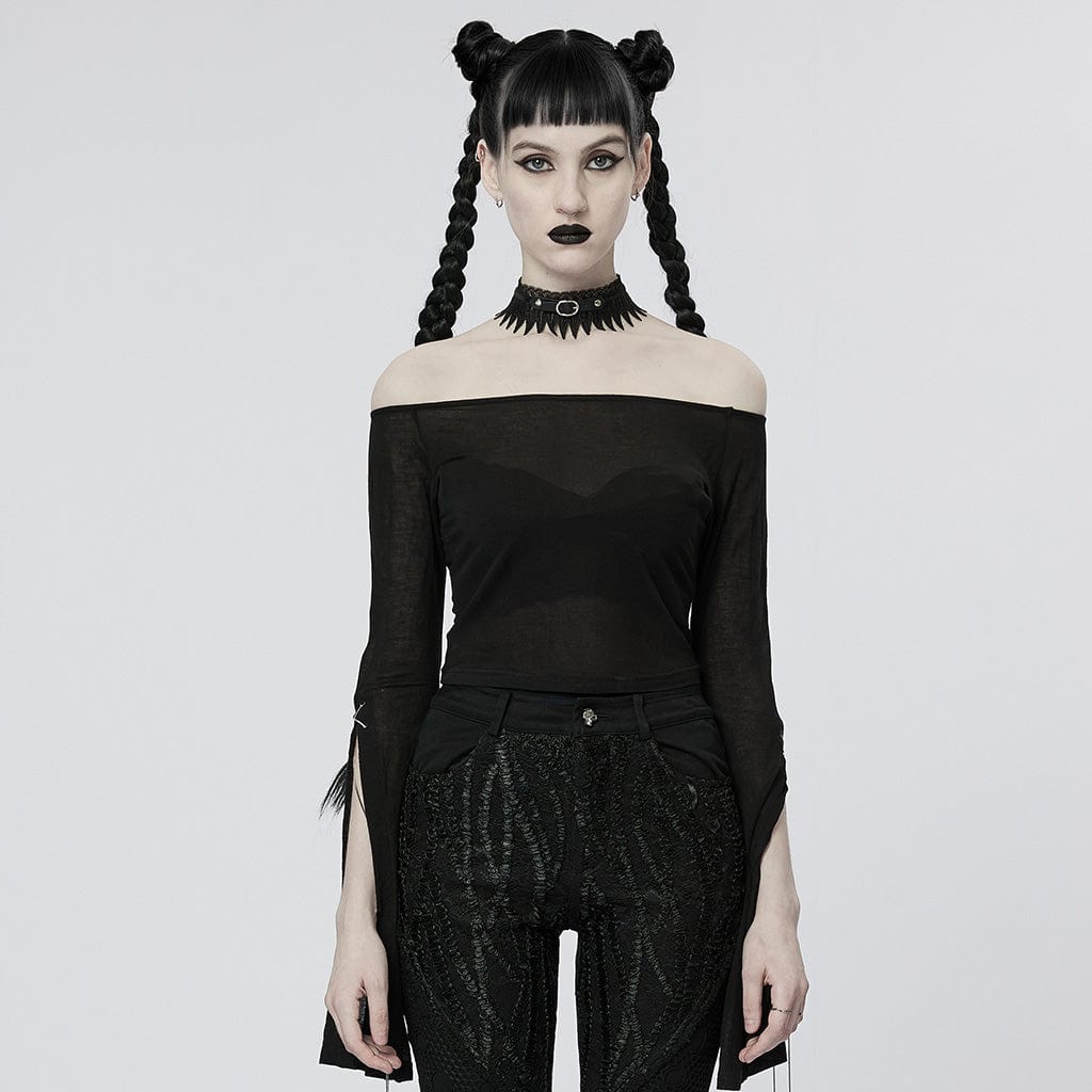 PUNK RAVE Women's Gothic Off Shoulder Split Sleeved Crop Top