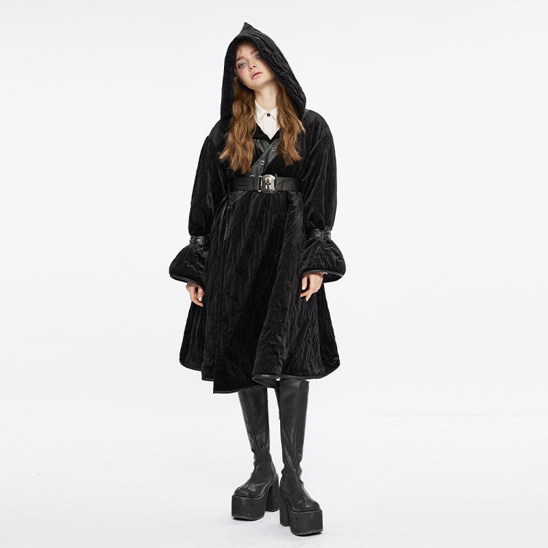 PUNK RAVE Women's Gothic Plunging Coat with Detachable Hood&Belt