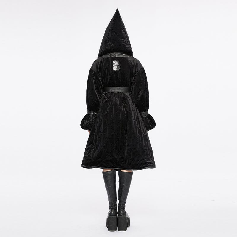 PUNK RAVE Women's Gothic Plunging Coat with Detachable Hood&Belt