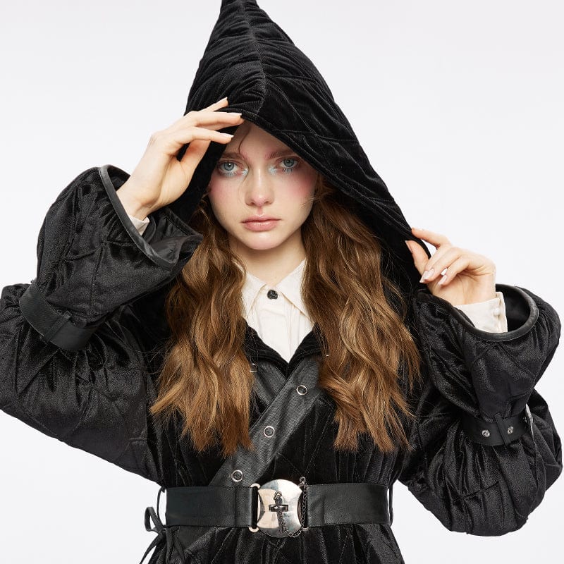 PUNK RAVE Women's Gothic Plunging Coat with Detachable Hood&Belt