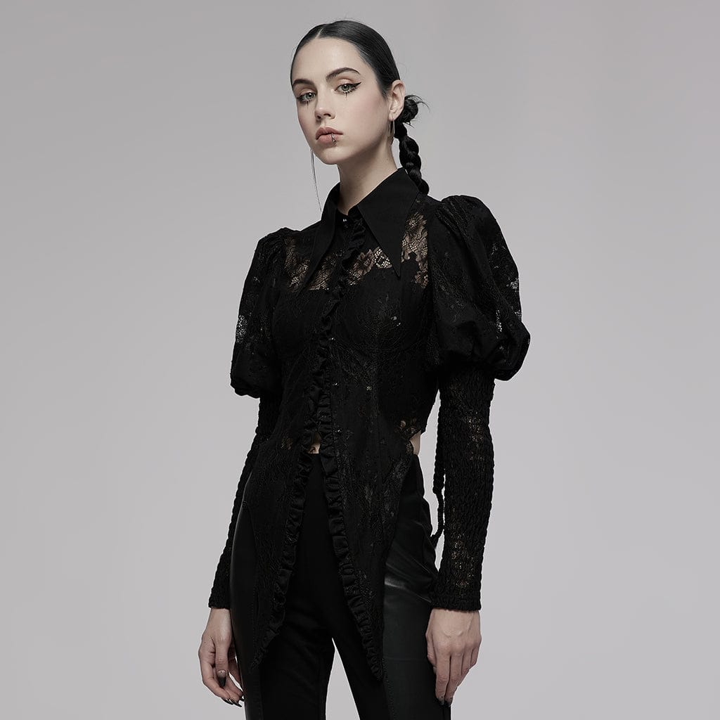 Punk Rave Women's Gothic Puff Sleeved Floral Lace Shirt